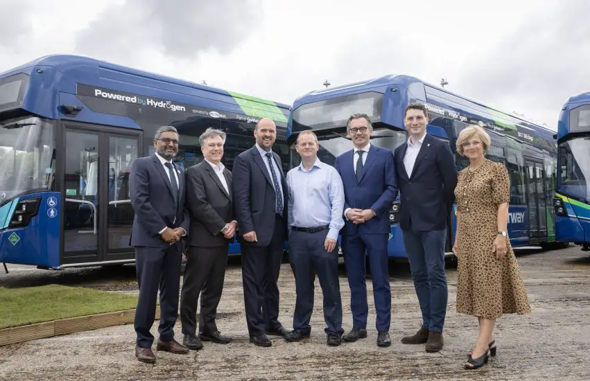 Hydrogen Buses - Left to right - Manish Patel, Mobility Director for Air Products Henry Smith, Member of Parliament for Crawley Richard Holden MP, Minister for Roads and Local Transport Ed Wills, Managing Director for Bright