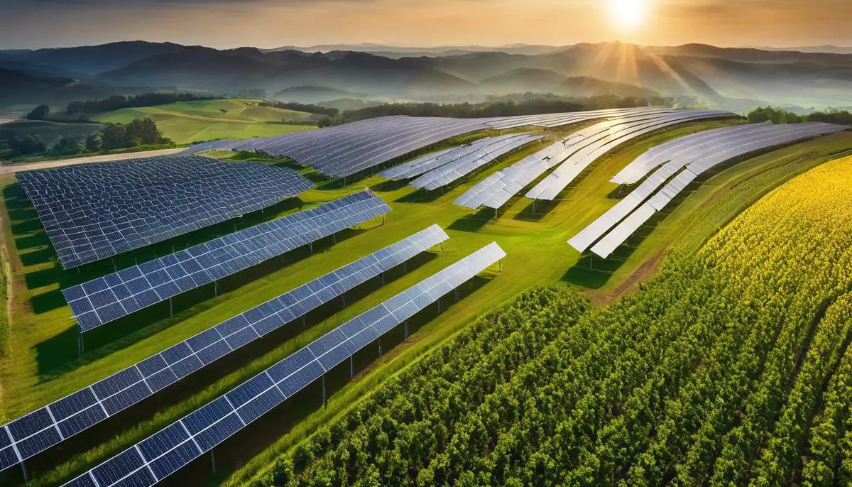 A solar farm land with rows of solar panels in a sunny field.